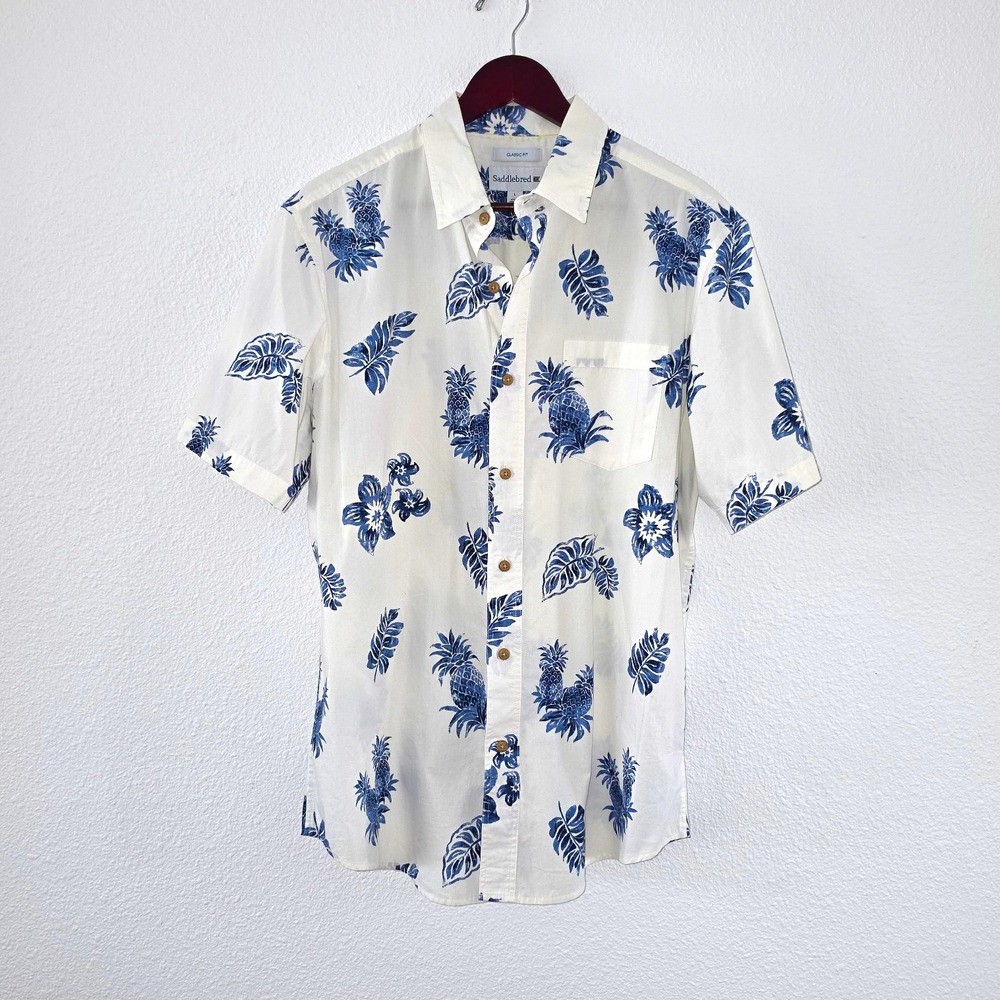 Saddlebred Tropical Print Shirt | White & Navy Blue Hawaiian Button Down Men L